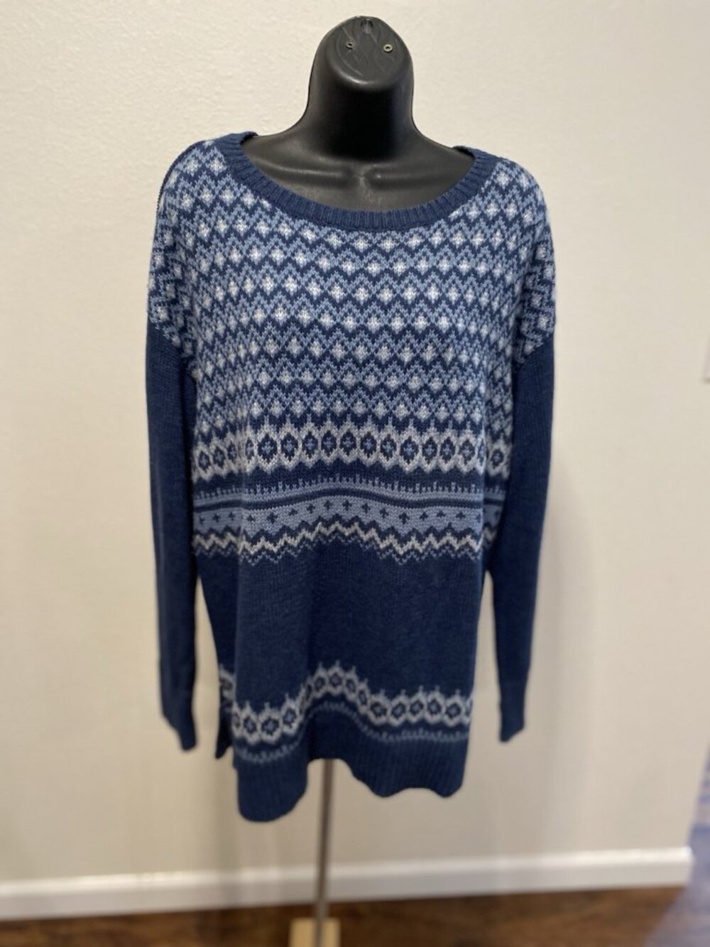 Chaps Knit Sweater Women XL Long Sleeve Geometric Blue/ White Soft